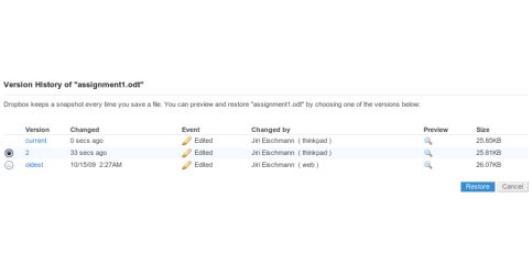 Dropbox uchovává i předchozí verze souboru