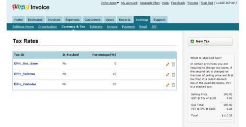 Zoho Invoice - konfigurace sazeb DPH