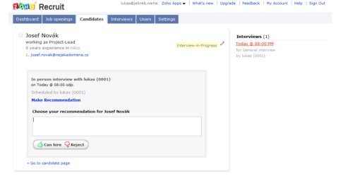 Zoho Recruit – doporučení ohledně kandidáta