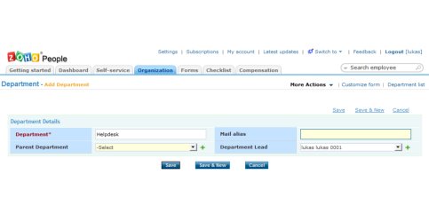 Zoho People - formulář pro vložení oddělení