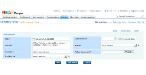 Zoho People – vložení vnitřního předpisu