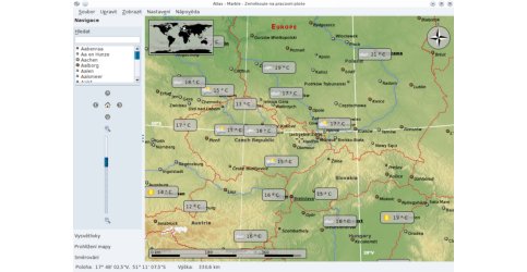 Počasí zobrazené na mapě programu Marble