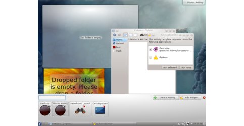 KDE prichádza s vylepšeným rozhraním pre aktivity. Napríklad pri voľbe Photos sa automaticky otvorí Gwenview a na plochu sa prid