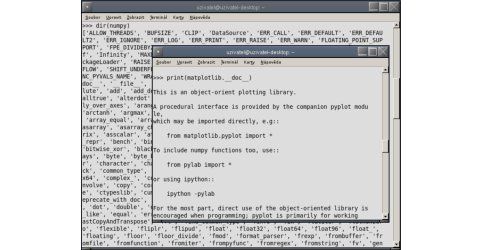Dokumentační řetězec Matplotlib: matplotlib.__doc__, útroby knihovny NumPy: dir(Numpy)