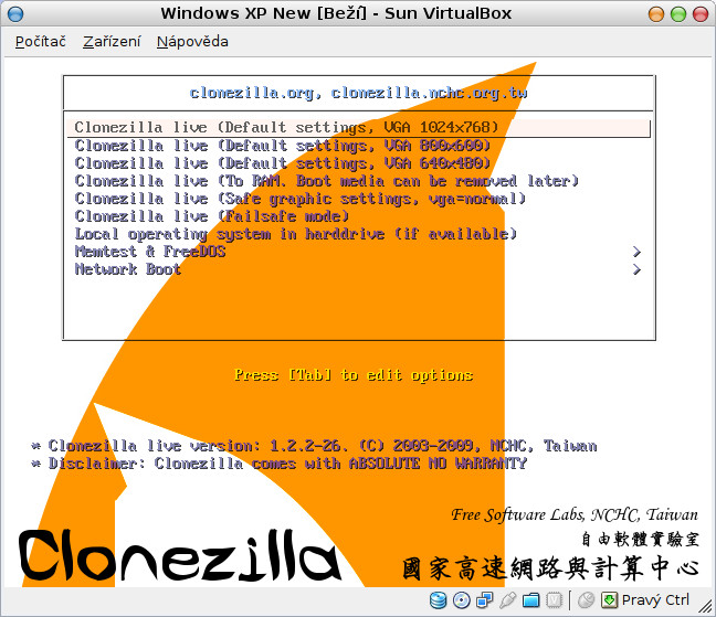 Úvodní obrazovky CD Clonezilla