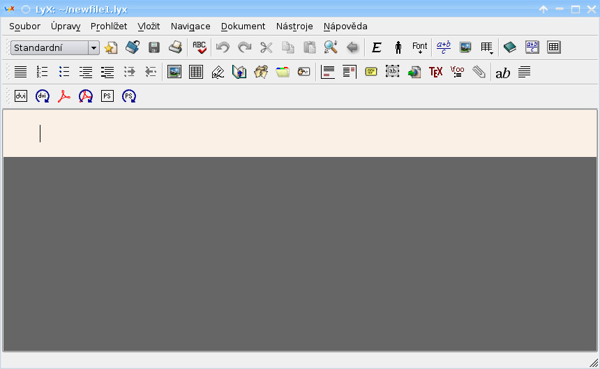 Program LyX s novým dokumentem
