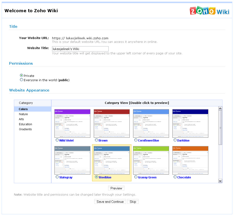 Zoho Wiki - úvodní obrazovka, výběr vzhledu