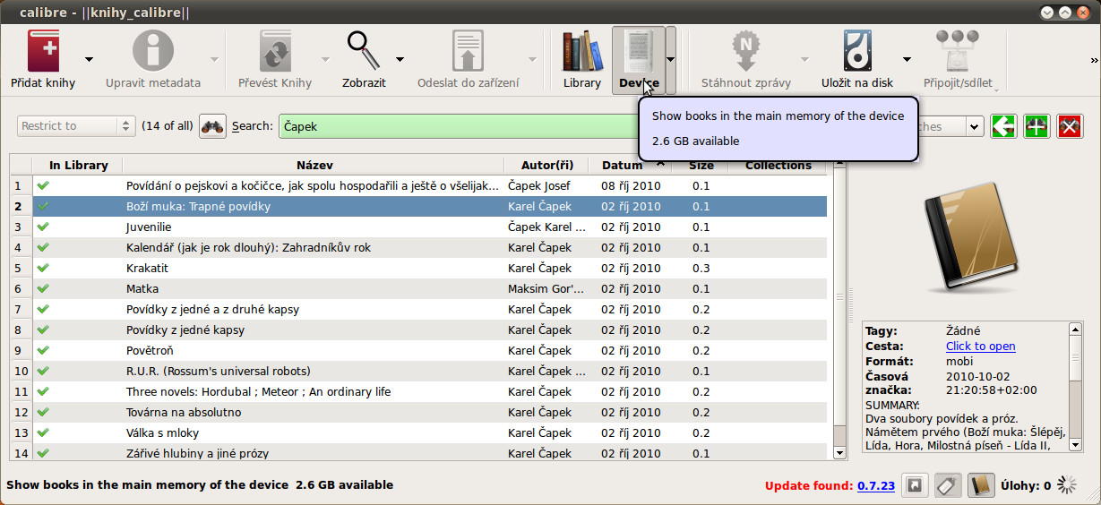 Calibre s připojeným Kindle