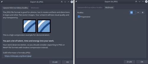 Exportní dialogové okno (obě záložky) při exportu do JPG