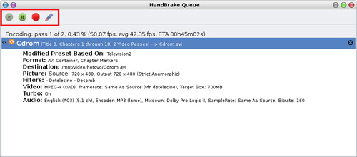 Zobrazení fronty převodů v podaní HandBrake