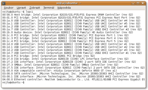 Informace o PCI zařízeních poskytnuté nástrojem lspci