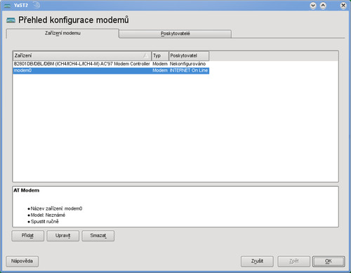 Seznam modemů v programu YaST2