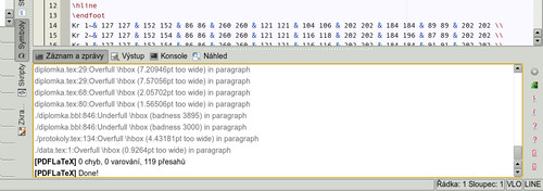 Hlášení chyb LaTeXu a jejich debugování pomocí tlačítek vpravo