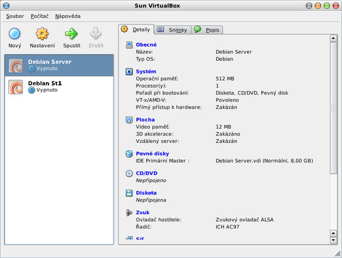 VirtualBox s přidanými počítači