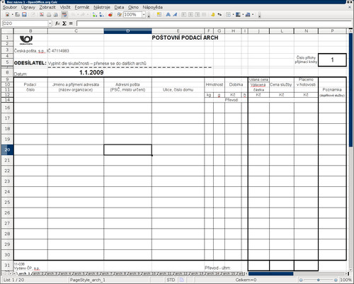 Šablona: Poštovní podací arch pro Calc