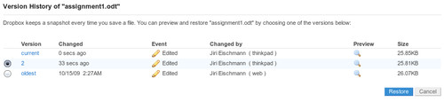 Dropbox uchovává i předchozí verze souboru