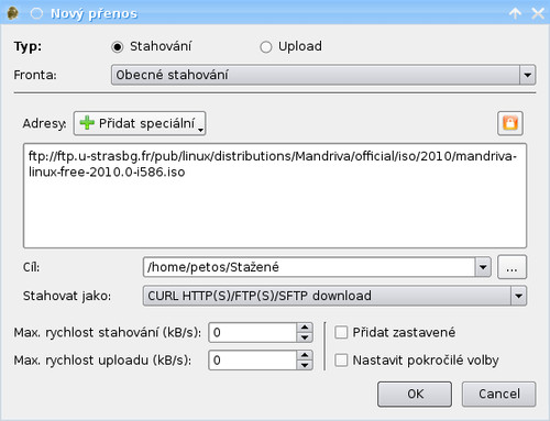 Zadání nového FTP přenosu