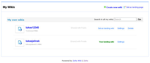 Zoho Wiki - seznam wikiwebů