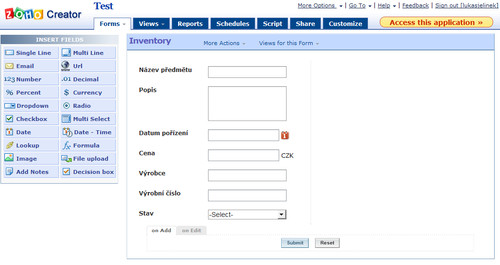 Zoho Creator - návrh formuláře
