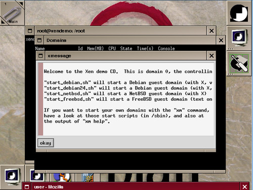 Xen demo s hostiteľským OS Debian (dom0) ponúka spustiť Debian, NetBSD a aj FreeBSD (domU)