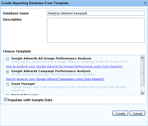 Zoho Reports - vytvoření databáze podle šablony
