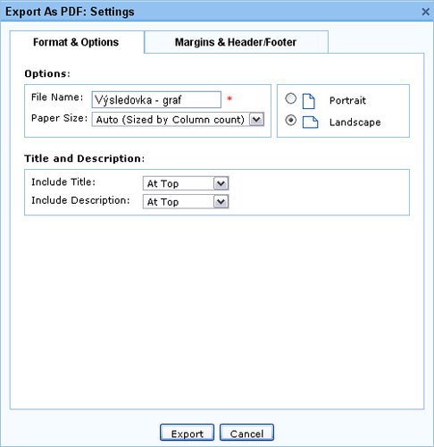 Zoho Reports - dialog pro export do PDF