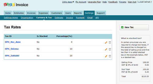 Zoho Invoice - konfigurace sazeb DPH
