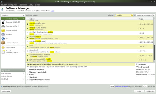 Správce softwaru ve verzi pro GTK. Je libo Moblin? Srovnejte s verzí pro KDE/Qt níže. Obě přesně odpovídají svému prostředí