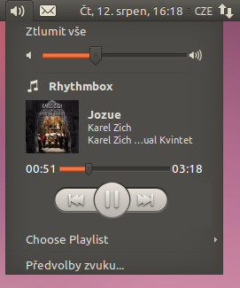 Zvukový aplet s ovládáním přehrávače Rhythmbox