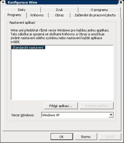 Takhle vypadá winecfg dialog normálně