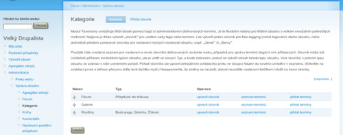 Kategorie, seznam tzv. slovníků s možnostmi úprav