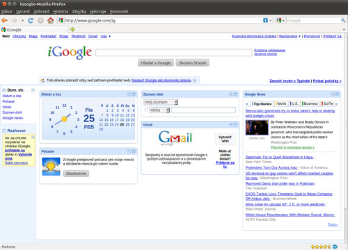 Štandardná obrazovka iGoogle