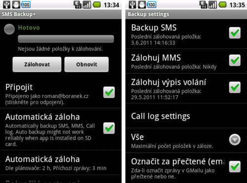 SMS Backup + zálohuje SMS do Gmailu