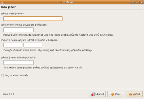 Zadání uživatelských údajů při instalaci distribuce Ubuntu 8.10 Intrepid Ibex