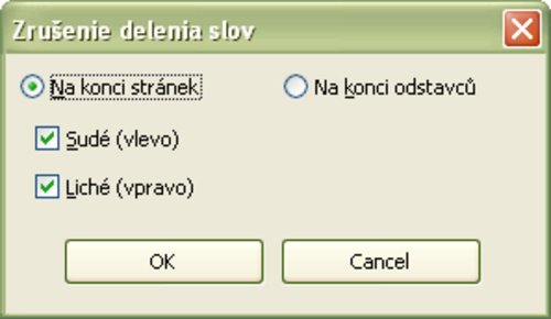 Možnosti výberu a nastavení, kde sa má zrušiť delenie slov