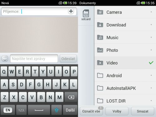 Psaní SMS. Správce souborů je vcelku jednoduchý