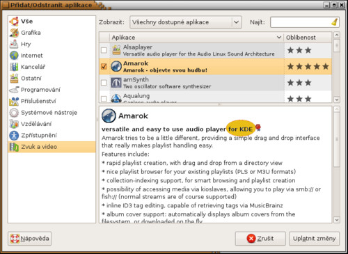 Popis aplikace Amarok ve správci balíků