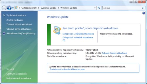 Okno nástroje Windows Update