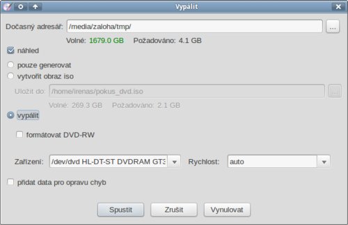 Volby vytvoření DVD