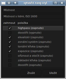 Volby pro uložení nového stylu