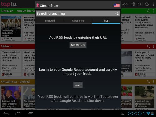 Přidávání vlastních kanálů a import z Google Readeru – verze pro Android