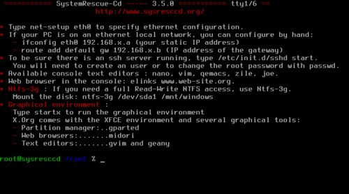 SystemRescueCD po náběhu v konzoli